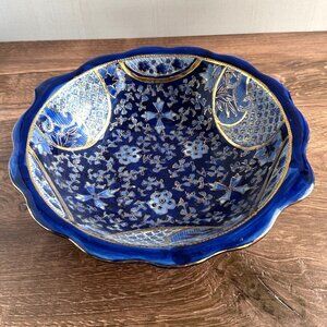 Vintage Cobalt Blue Porcelain Bowl, Floral Gold Gilt Imari Style, Made in China
